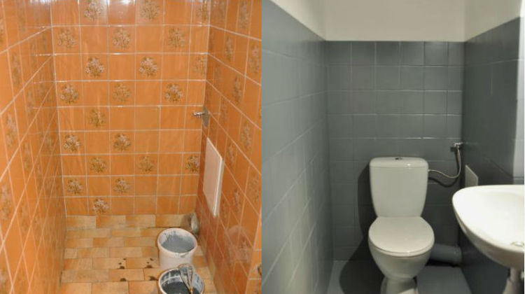 Malowanie płytek ceramicznych - toaleta przed i po malowaniu płytek